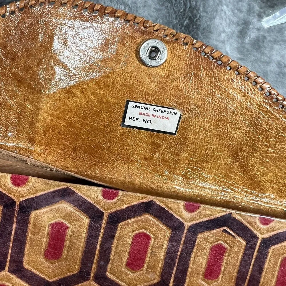 Vtg Tooled Leather boho hippie geometric Embossed Clutch Wallet Purse Handmade - Image 6