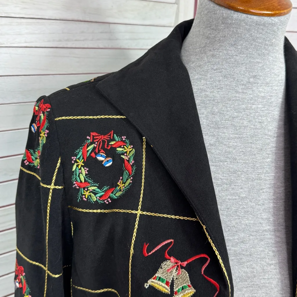 MAK New York Christmas Embroidered Open Front Blazer Jacket Black Multi 8 - Image 5