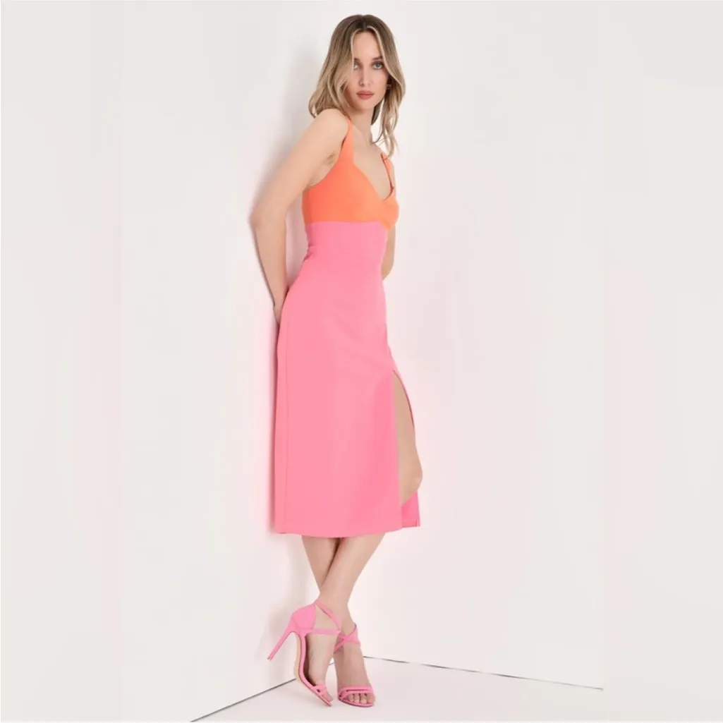 Lulu’s Most Loved Pink Light Orange Colorblock Midi Dress Size S - Image 3