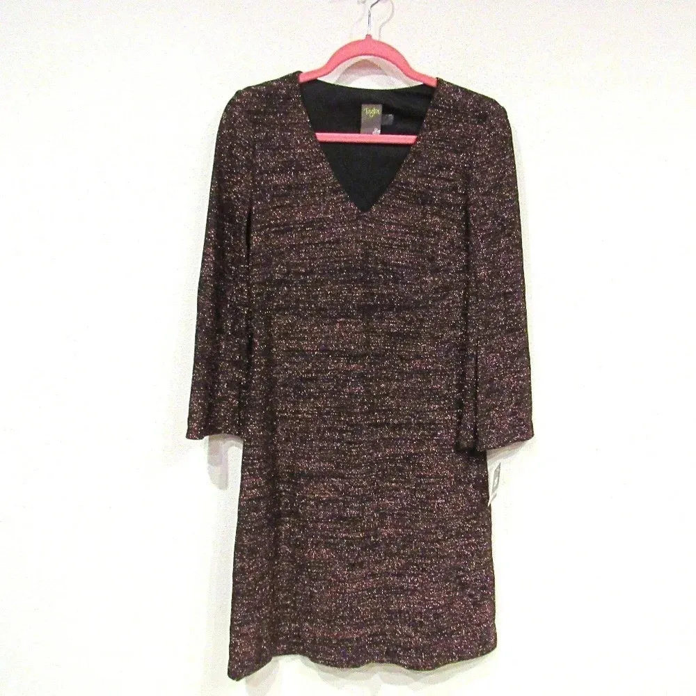 NWT Taylor V Neck Metallic Knit Shift Dress Size 6 Brown - Image 2