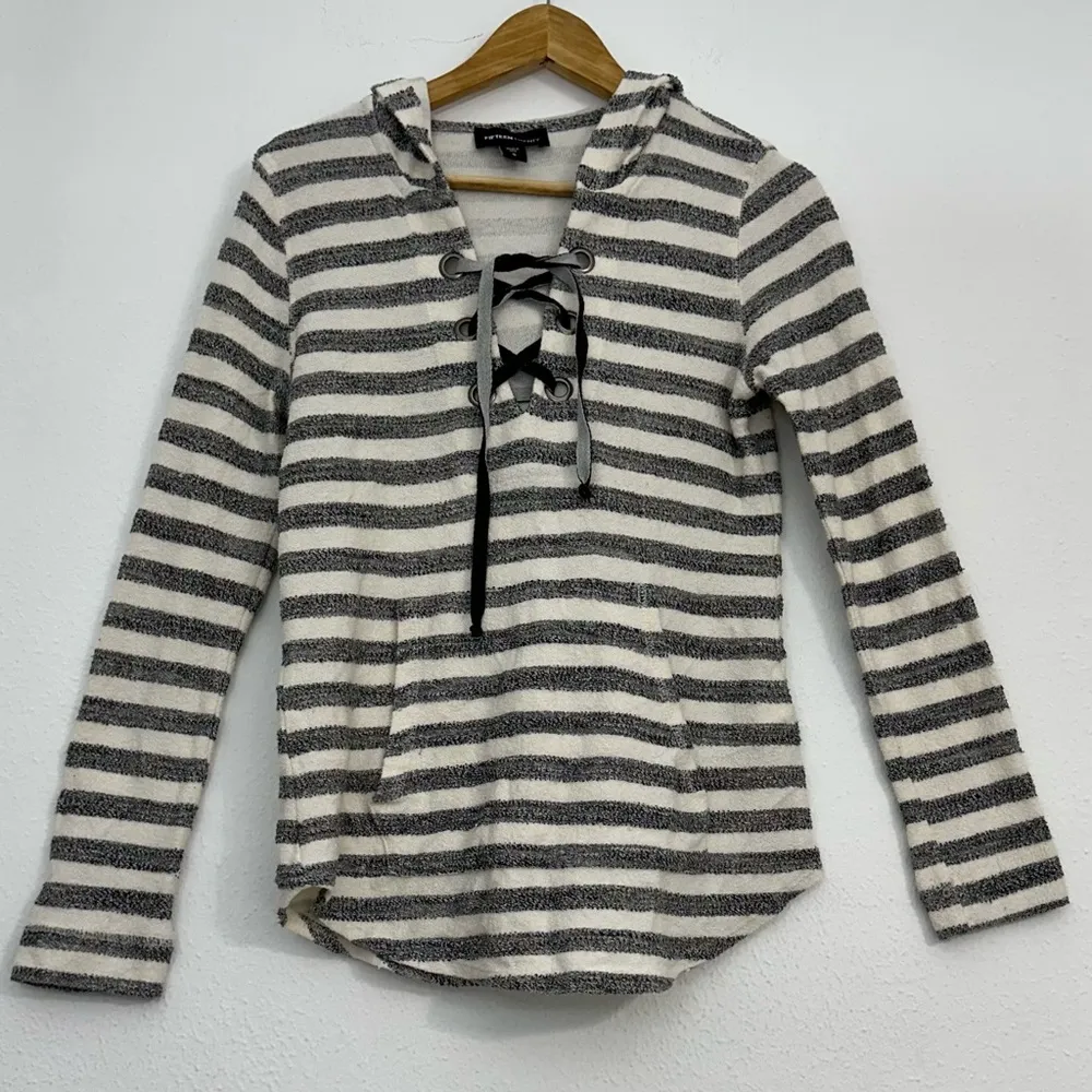 Fifteen Twenty Gray and White Striped Lace Up Hoodie Sweater - Image 7