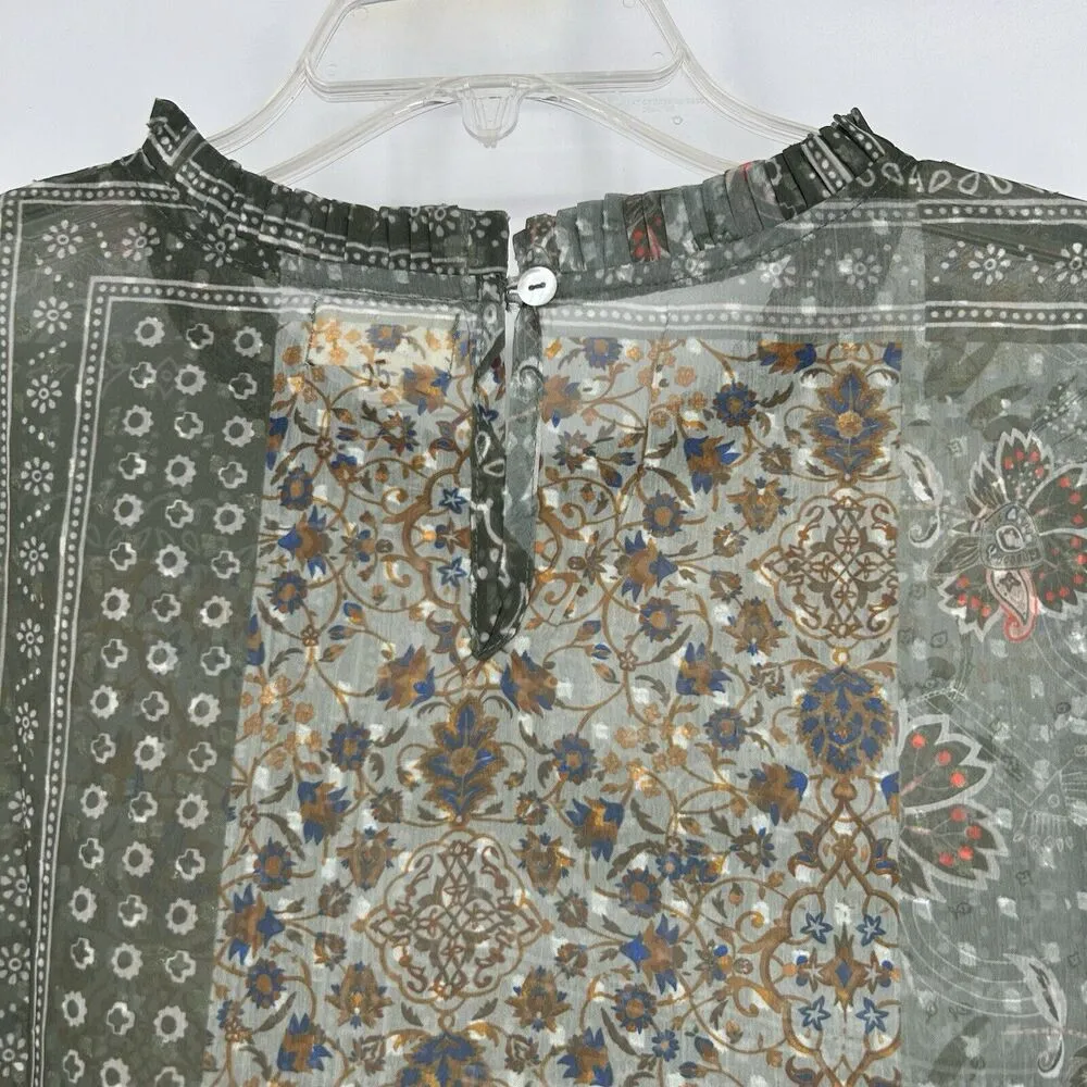 World Market Womens Boho Sheer Top Green Floral Mixed Pattern Pleated Size L/XL Size L - Image 7
