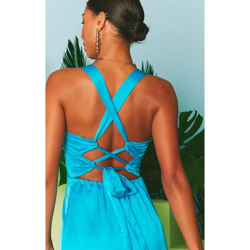 Show Me Your Mumu Mina Midi Dress in Teal Luxe Satin M NWT - Image 4