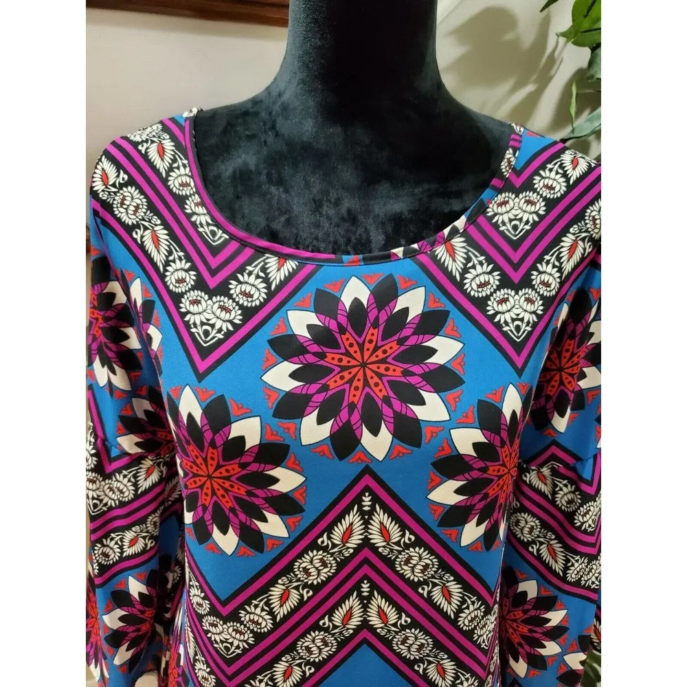 Peach Love Women Multicolor Polyester Round Neck Long Sleeve Knee Length Dress M - Image 5