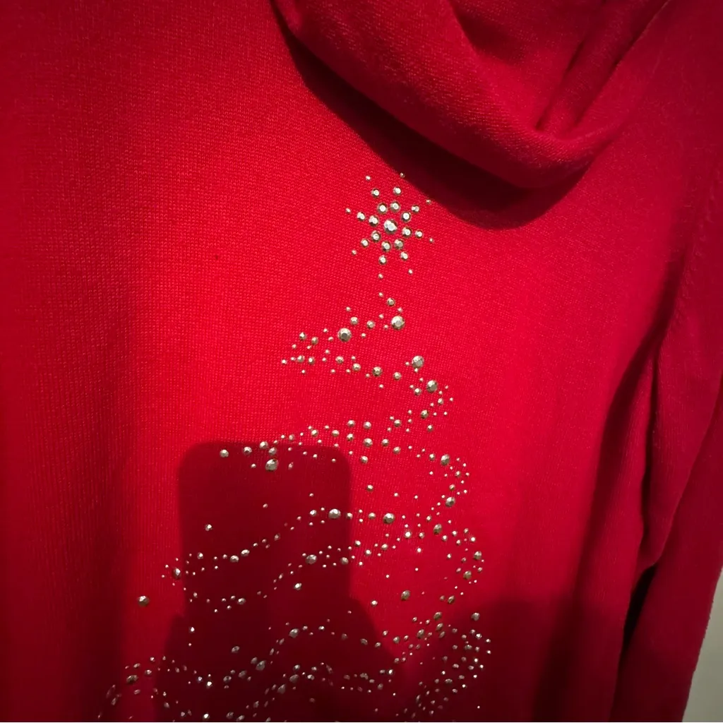 DRAPERS & DAMON Red Cowl Neck Sweater with Embellishments Christmas Tree Design Size 1X - Image 9