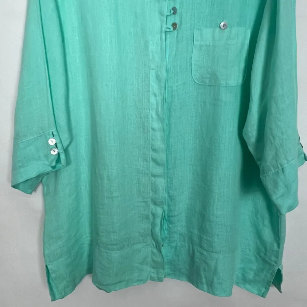 Mariluna Womens Linen Shirt 1X Quiet Luxury Lagenlook Coastal Nautical Beachy Green - Image 4