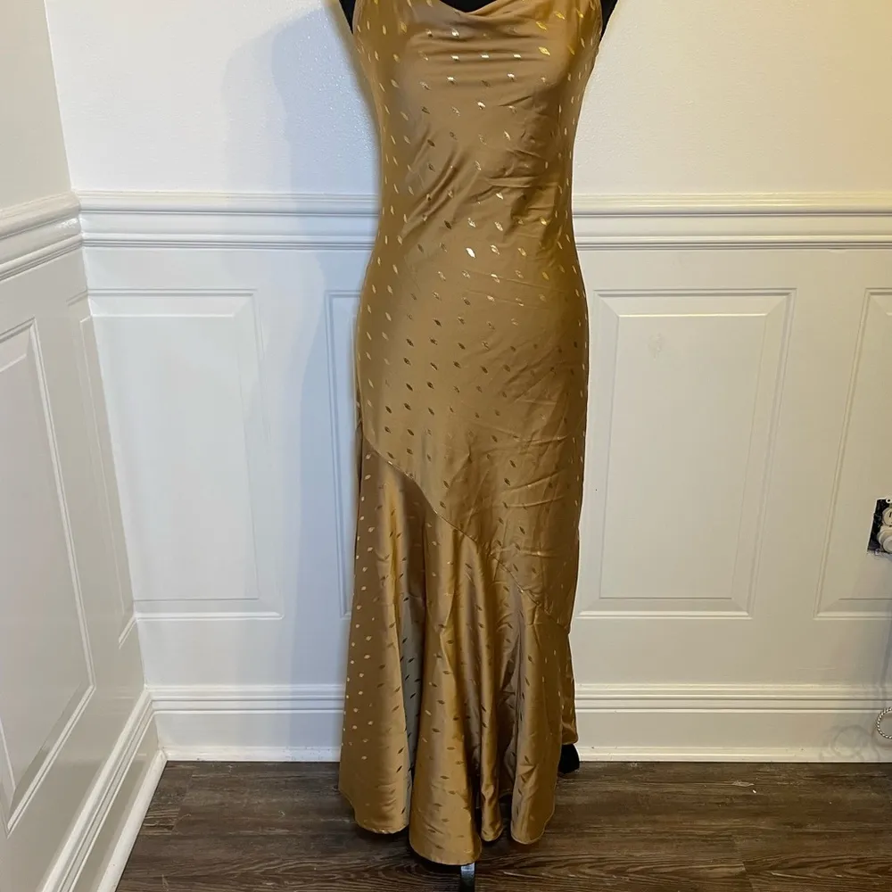 NWT Bonheur D’Amour Cowl Neck Mermaid Slip Dress Maxi Bias Cut Sz S Gold - Image 5