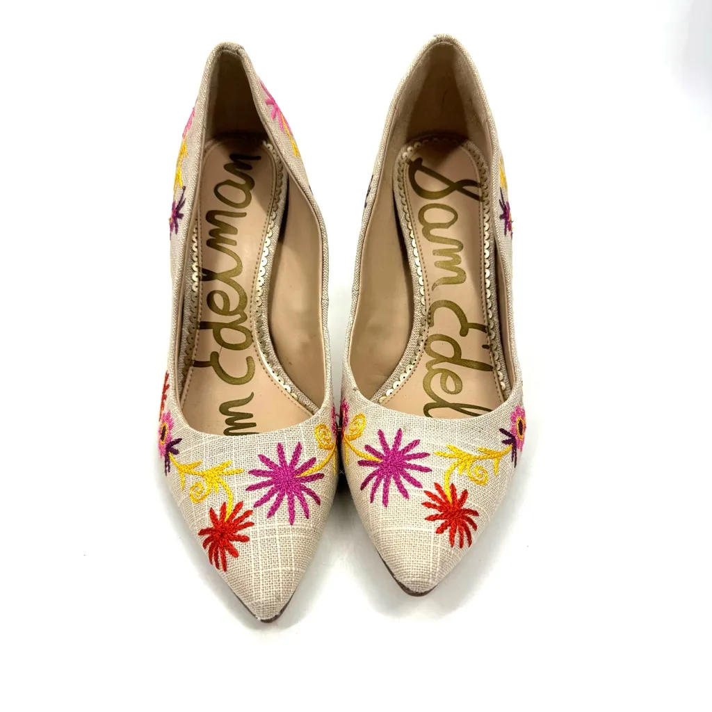 Sam Edelman Natural Embroidered Linen Hazel Pointed Toe Stiletto Pumps - Image 3