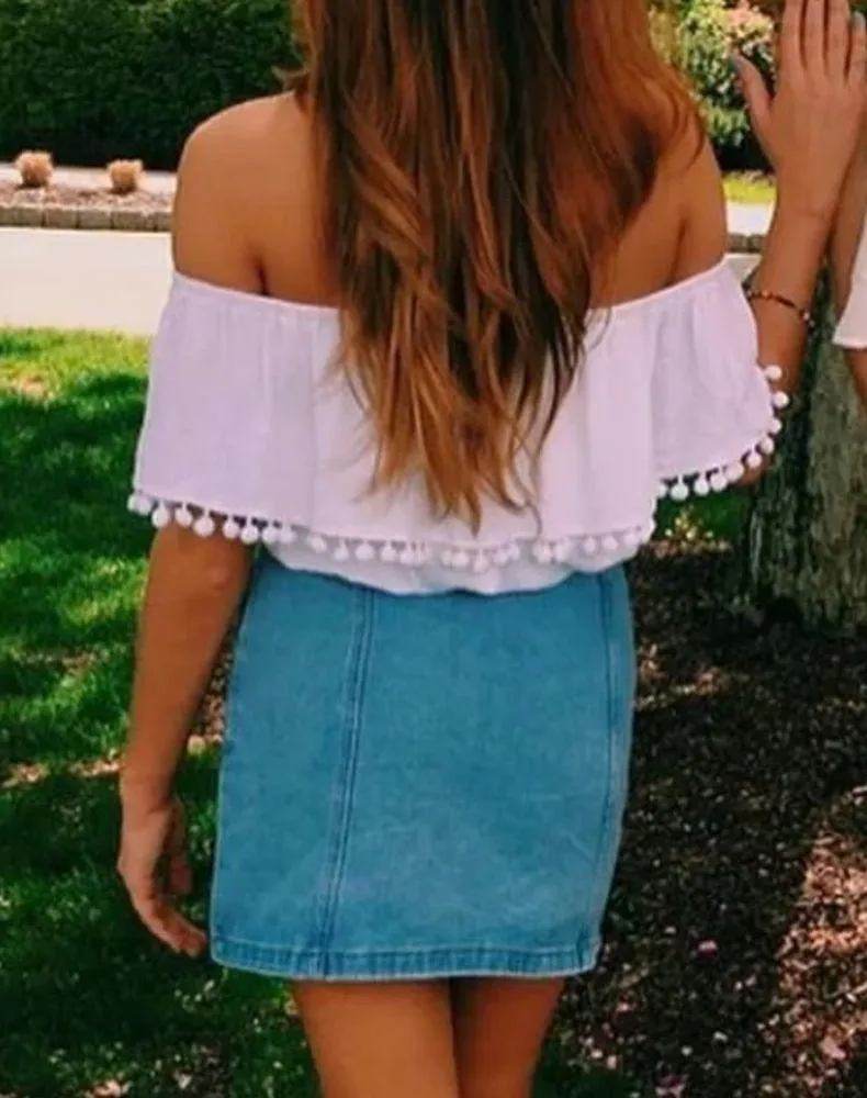White off the shoulder pom pom shirt - Image 2
