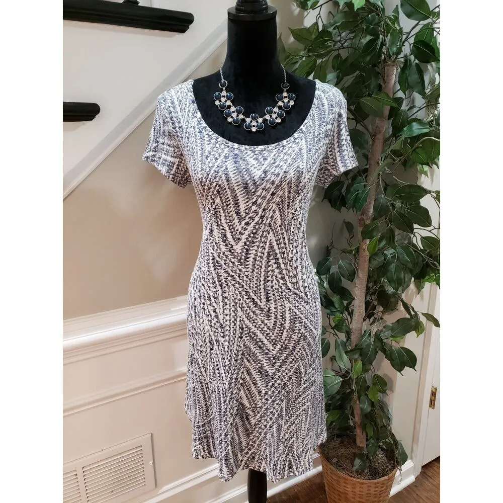 Ronni Nicole Womens White & Blue Polyester Short Sleeve Round Neck Shift Dress S - Image 12