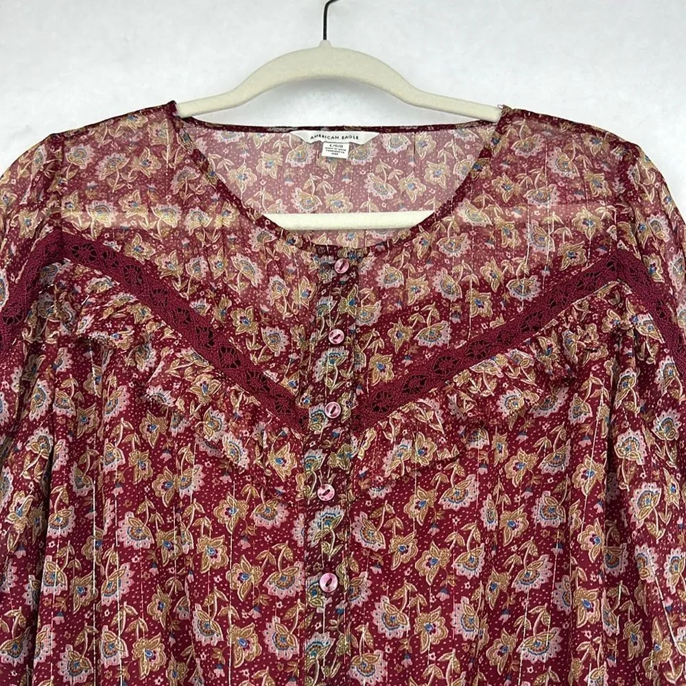 Womens Peasant Blouse Burgundy Floral Crochet Ruffles Boho Sz L - Image 3