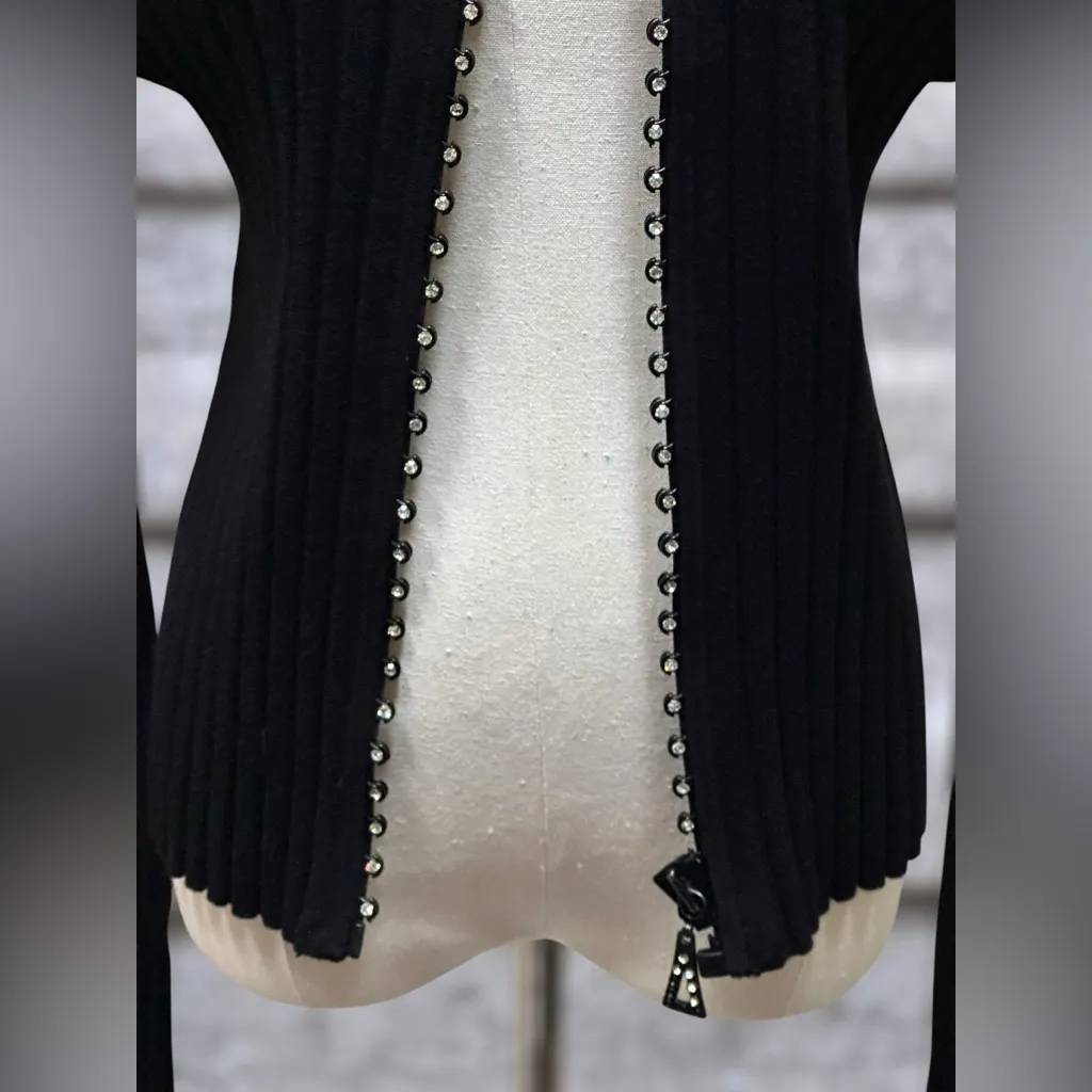 Vintage Y2K Belldini Black Ribbed Rhinestone Long Sleeve Zip Sweater Women’s XL - Image 5
