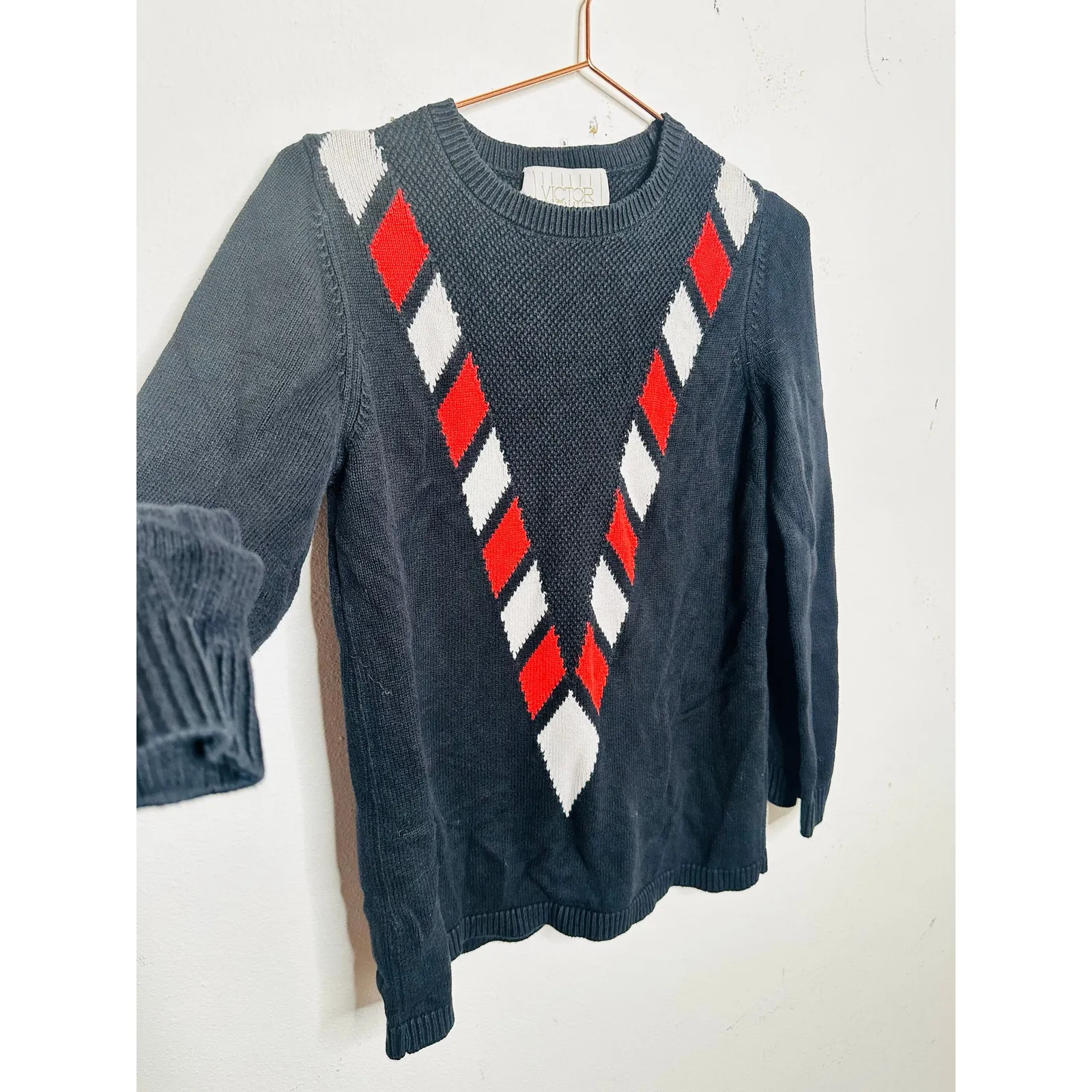 VICTOR GLEMAUD Black Red White Candy Detail Cotton Cashmere V Front Sweater S - Image 8