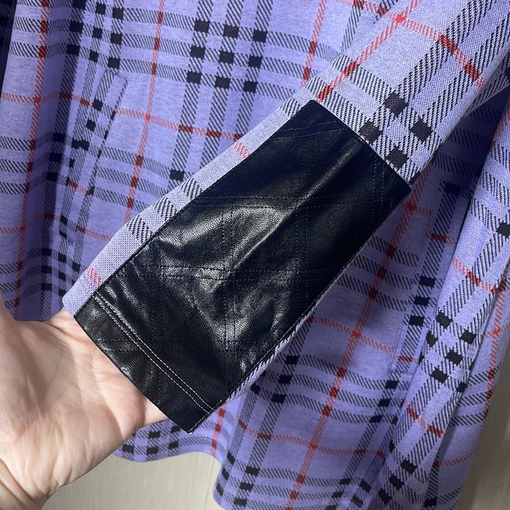 Tyler boe plaid mock neck sweater dress elbow patch large purple Black - Image 3