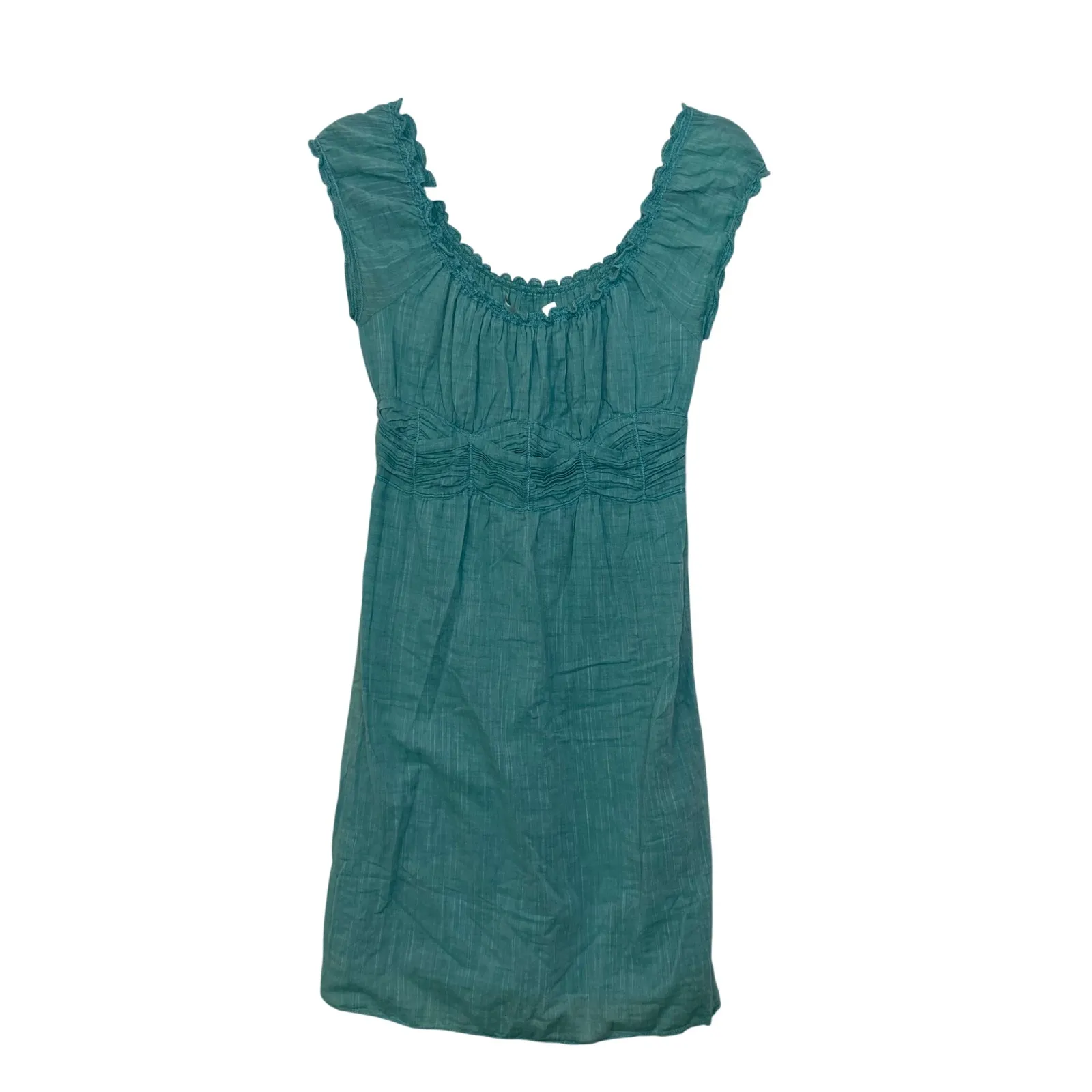MAX STUDIO Teal Smocked Waist Off Shoulder Cap Sleeve Cotton Mini Dress Size S - Image 4