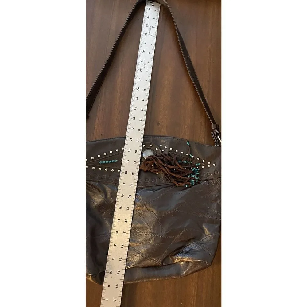 Brown leather BOHO Southwest fringe bag purse studded Turquoise Accent Aztec - Image 8