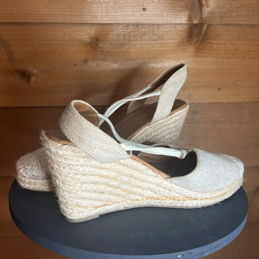 Solanz Rebekah Linen Cream Tan Wedge Espadrille Strappy Close Round Toe Heel Size 9 - Image 3