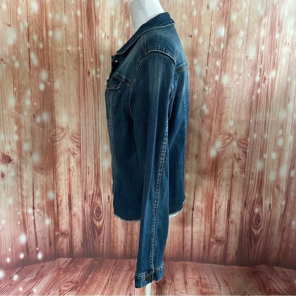 Per Se  Frayed Raw Hem Blue Denim Jean Jacket - Image 8