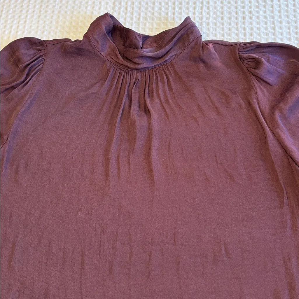 Naked Zebra MEDIUM Burgundy Purple Wine Silky Ruffle Long Sleeve Highneck Blouse - Image 5