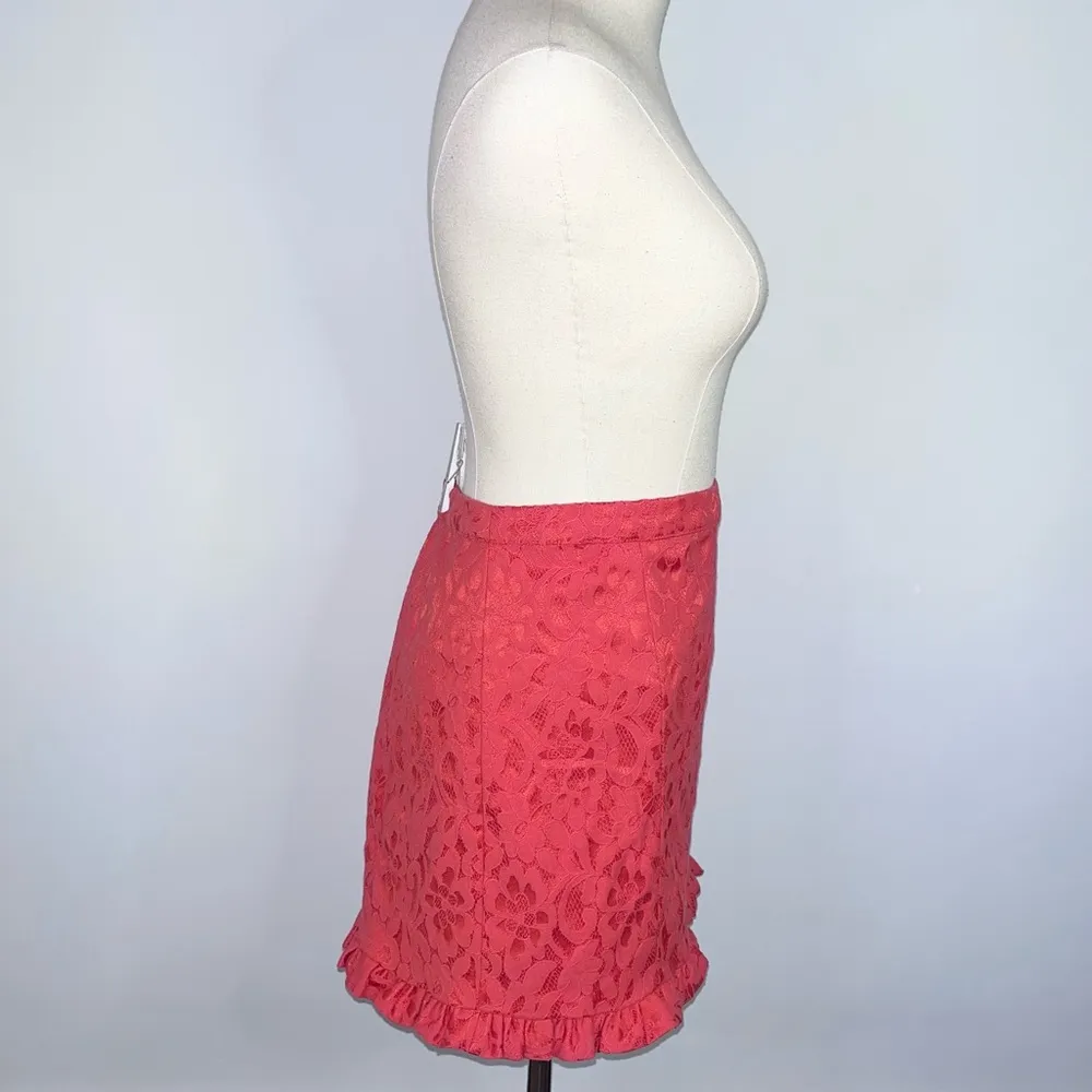 FREE PEOPLE Coral Pink Floral Lace Ruffle Short Mini Skirt 4 - Image 4