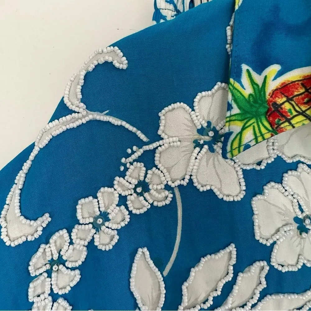 Surya Vintage Blue Patterned Hawaiian Beaded Two Piece Set Size XS - Image 8