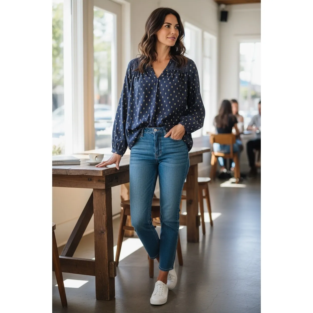 Soft Surroundings Navy Blue Gold Medallion Print Sheer Beaded Neckline Tunic M - Image 6