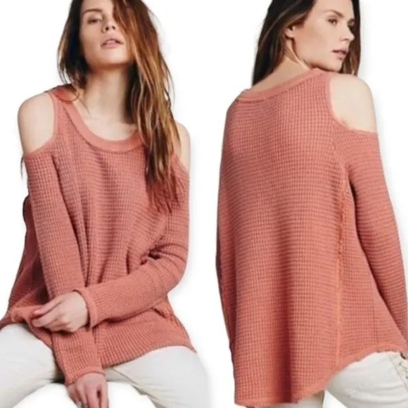 Free People Sunrise Sunset Waffle Knit Cold Shoulder Pullover Thermal Sweater - Image 34