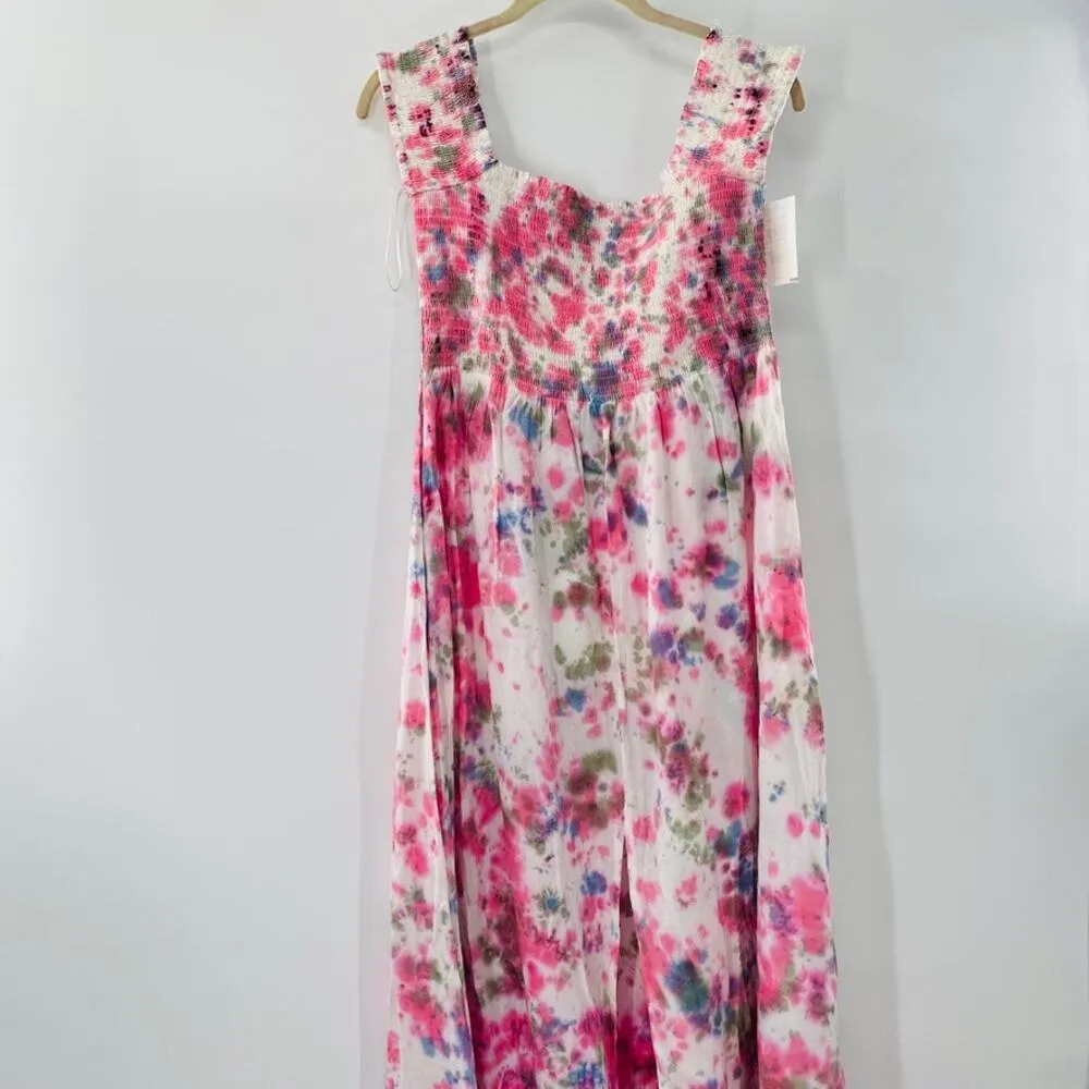 NEW AREA STARS Kaia Tie Dye Smocked Midi Dress In Multi Large Fairy Babydoll Pink - Image 10
