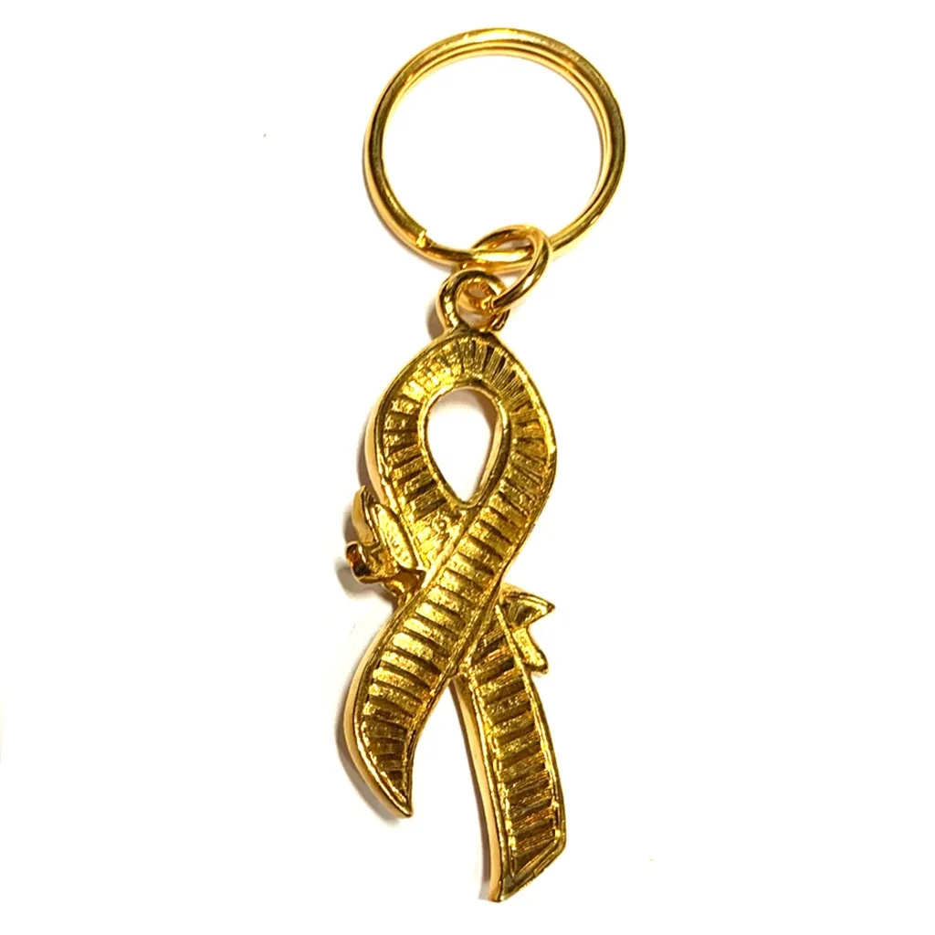 Vintage Gold & Peach Awareness Ribbon Keychain with Rose Detail - Image 2