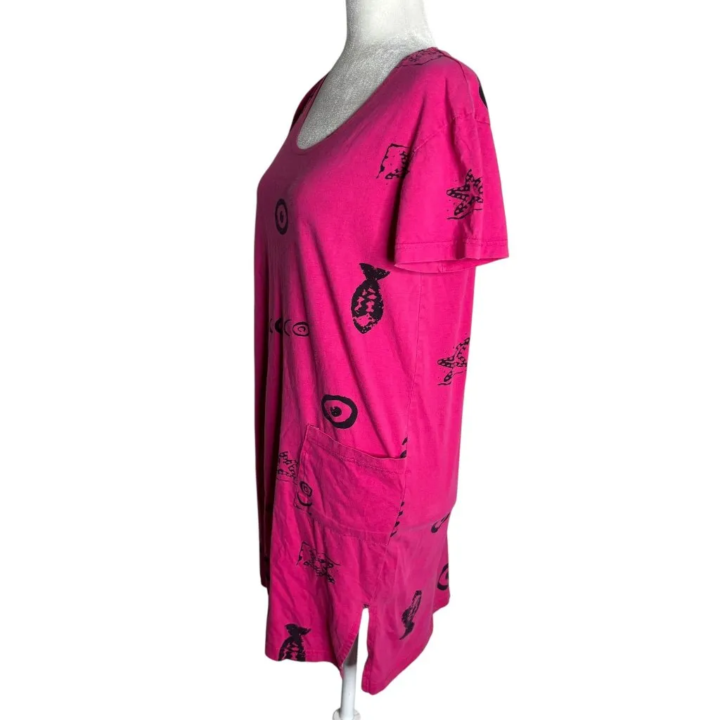Vintage 90s Graphic Fish Print Shift Dress Small Pink Short Sleeves Pockets - Image 3
