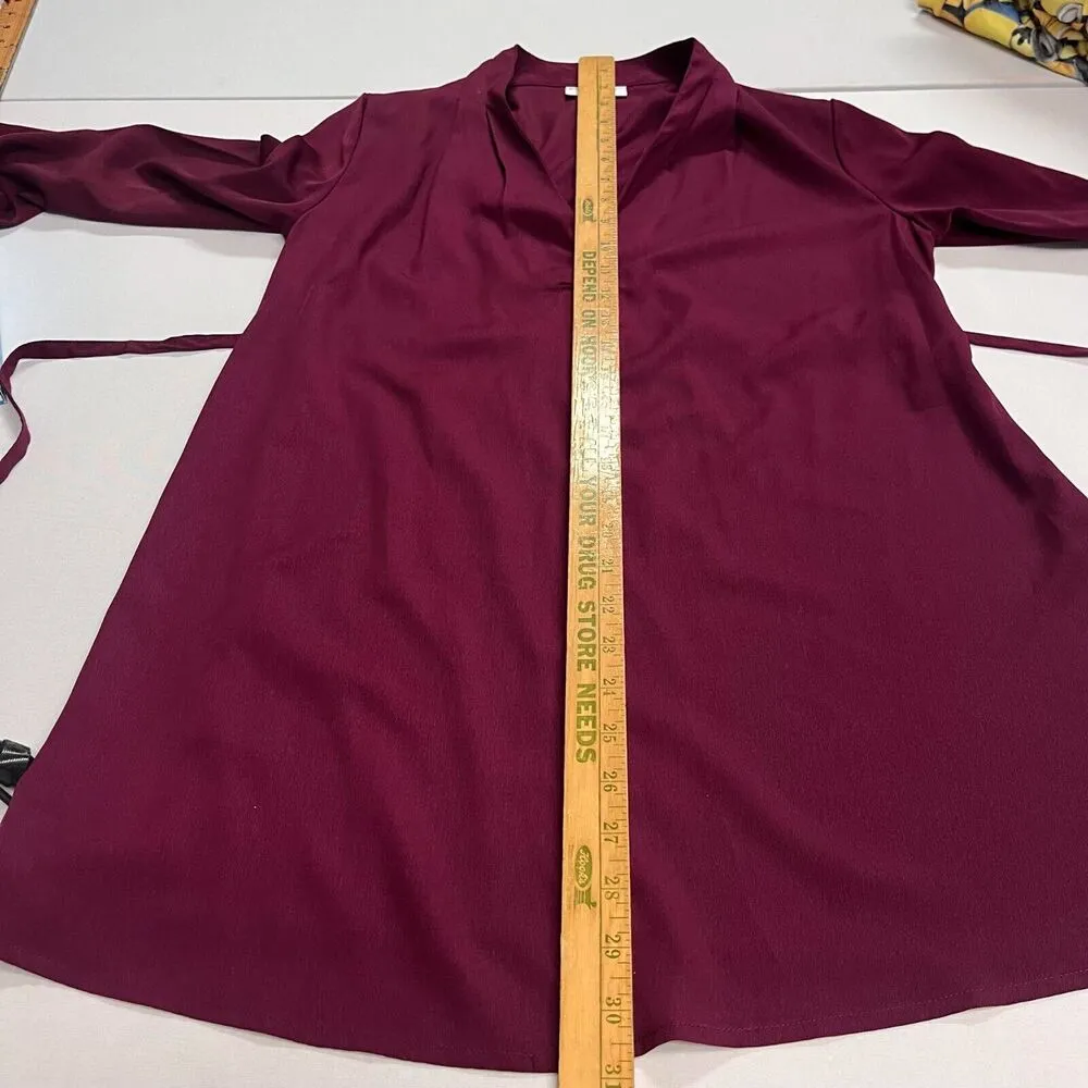 Liz Lange Maternity Women's V-Neck ¾ Sleeve Belted Tunic Mini Dress Sz XS Maroon - Image 3