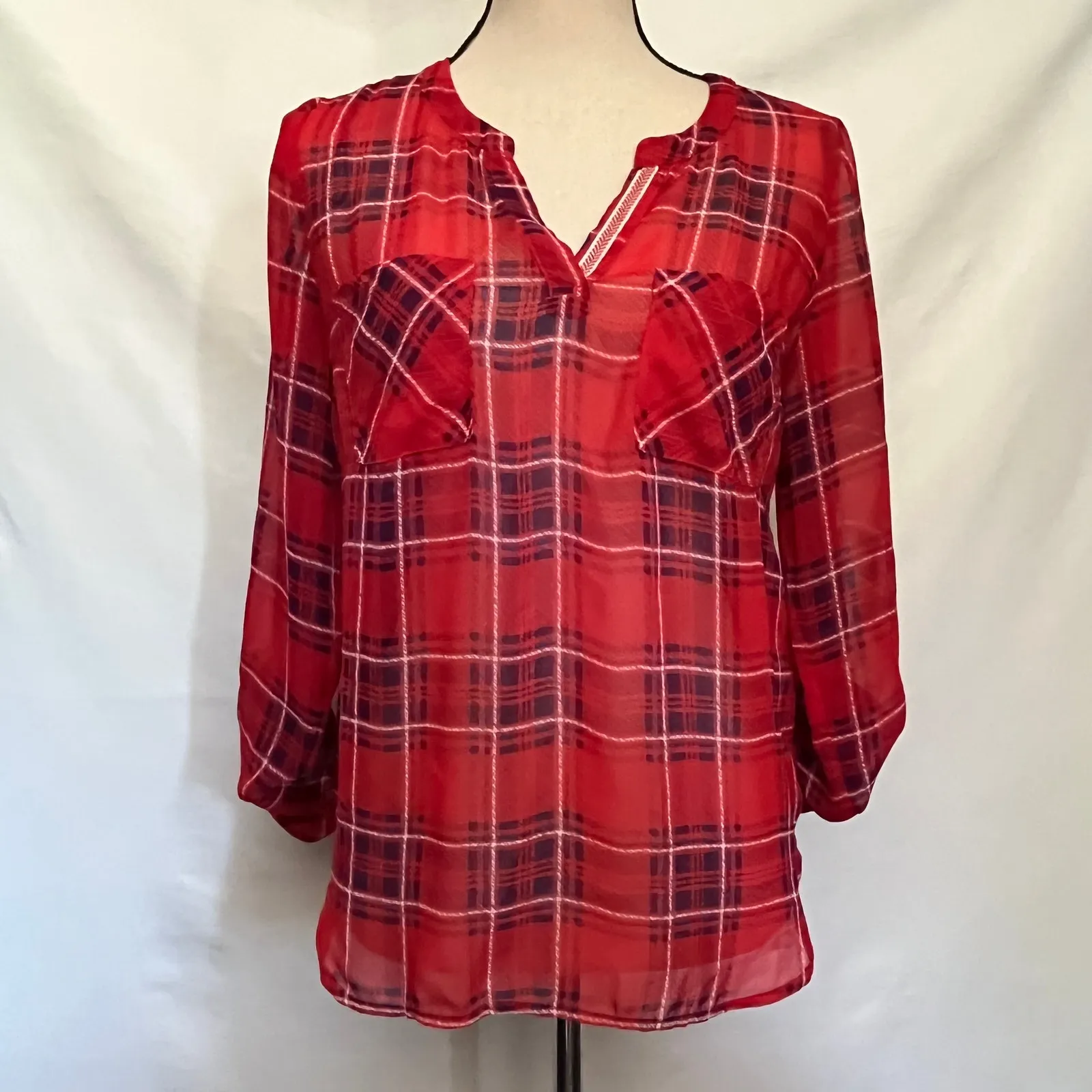 Skies are Blue Plaid Womens Top XS Boho Festival Chiffon Roll Tab Peasant Red - Image 11