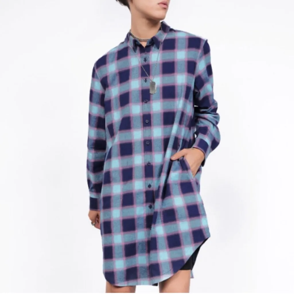 Wildfang The Essential Flannel Long Sleeve Shirt Dress Shacket Plaid Blue Pink Size M - Image 3
