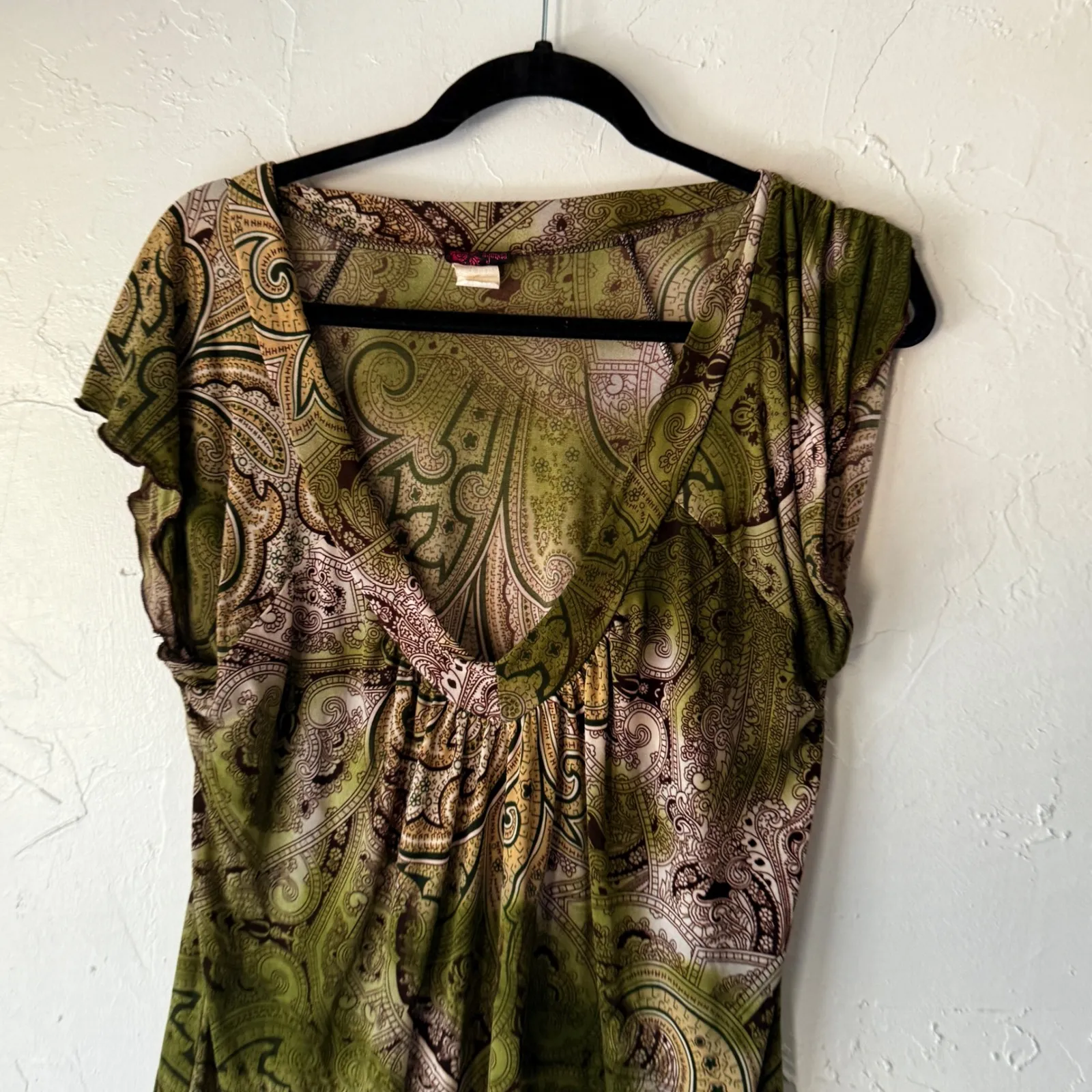 Agenda Y2k Green Paisley Print‎ Top V Neck Blouse Fairy Goblin Forest Whimsical Size L - Image 2