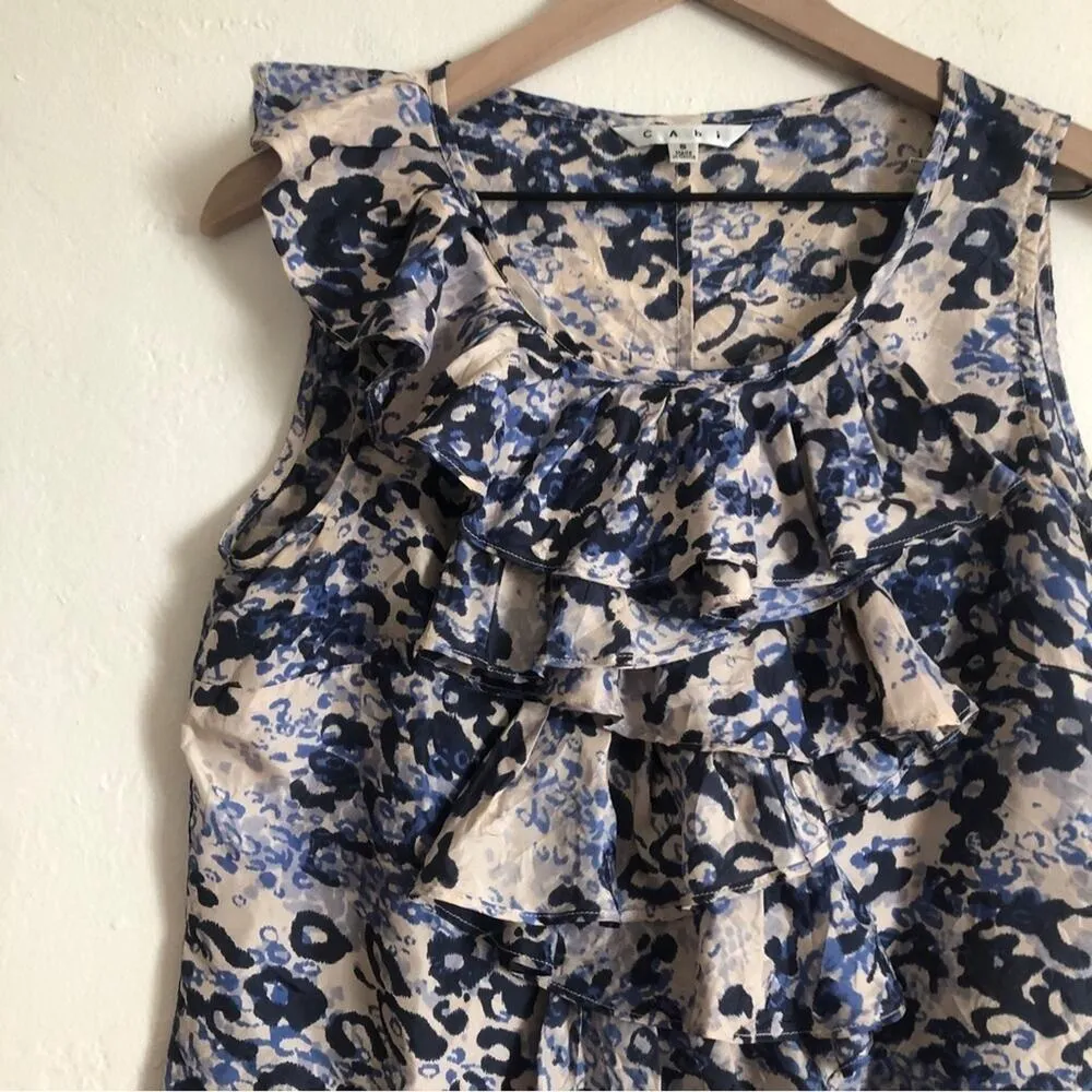 CAbi Silk Contemporary Sleeveless Ruffle Blue Black White Tank Blouse Top - Image 3