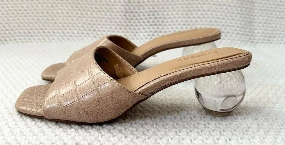 Express Crystal Ball Faux Beige Nude Croc Embossed Slide Low Heel Sandals 6 - Image 6