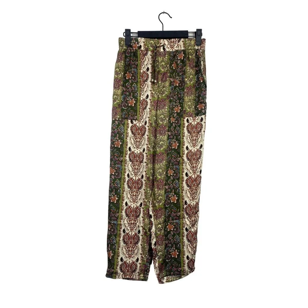 ZARA Paisley Ankle Trouser Satin Pant Tie Front Pockets Straight XS Green Multi - Image 3