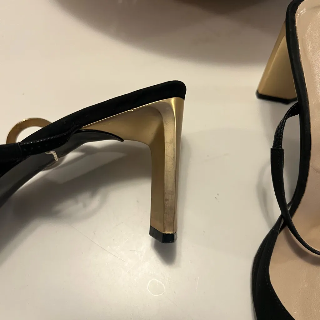 Nouchka black silk square toe mules vintage 6.5 gold embossed hardware - Image 12