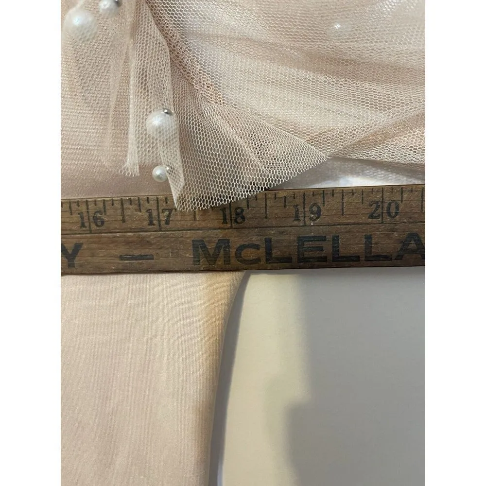 CBR Women's Blouse Sheer Sleeve Neckline Pearl Beading Beige Ruffles XL Feminine Tan - Image 5