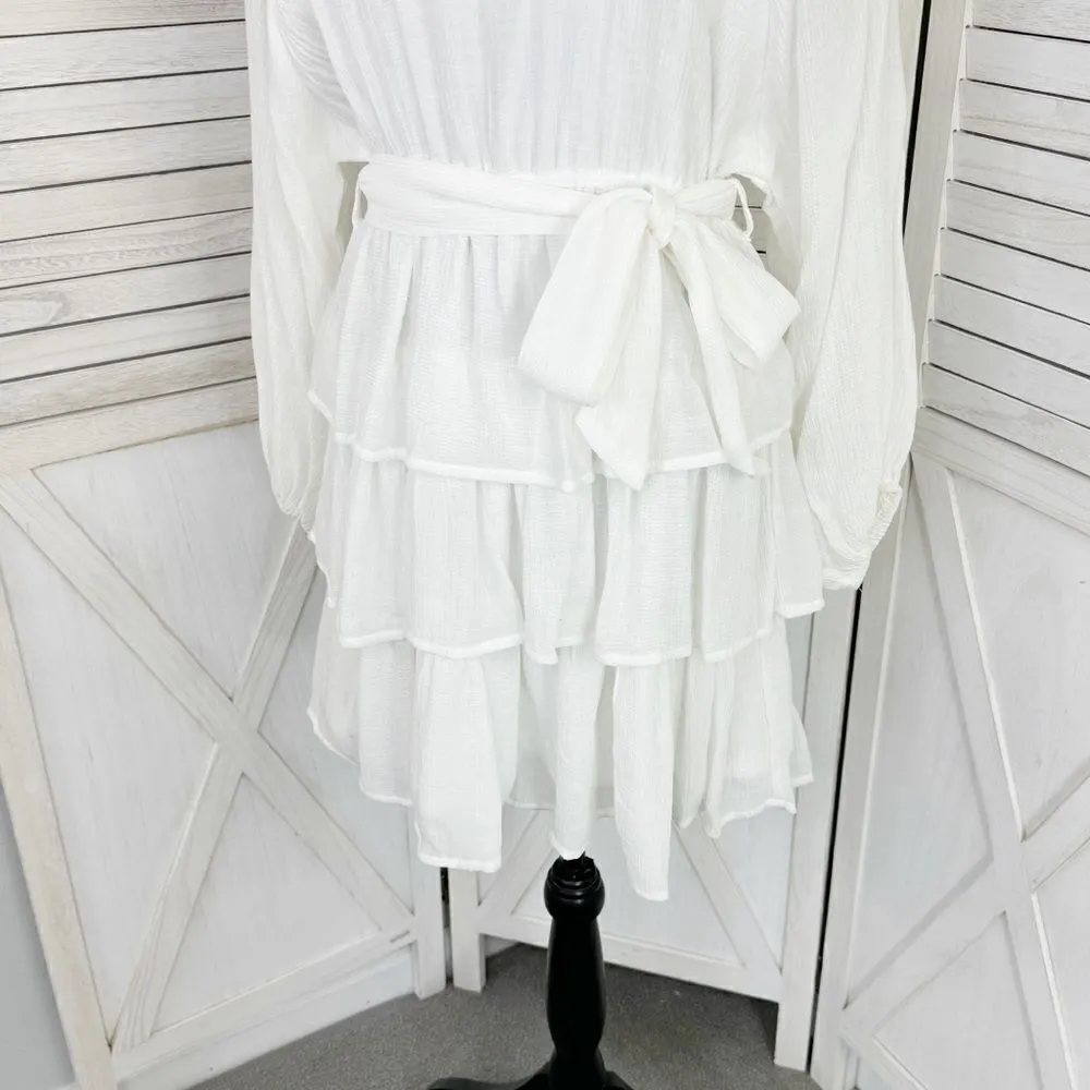Entro Elizabeth Tiered Ruffle Bubble Sleeve Mini Dress White Medium Boho - Image 9