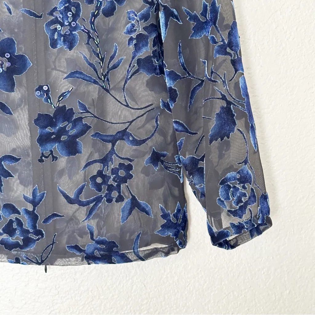 Velvet Burnout Sheer Floral Womens Top Romantic Goth Night Luxe Whimsigoth Sz 4P Black - Image 4