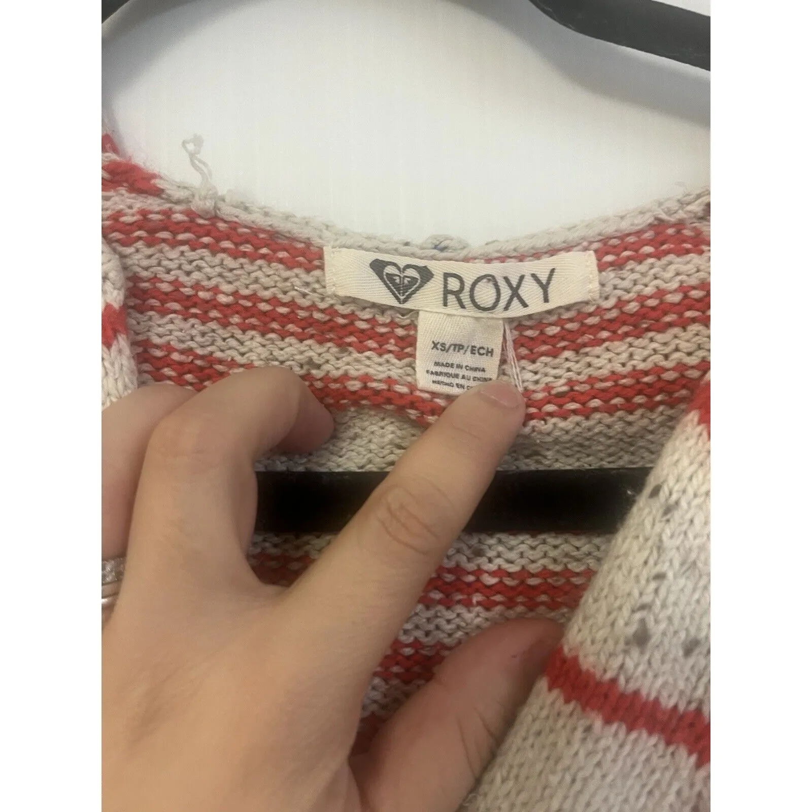 ROXY Cotton Red Ivory Stripe Hooded Pocket V-Neck Long Sleeve Sweater‎ XS - Image 5