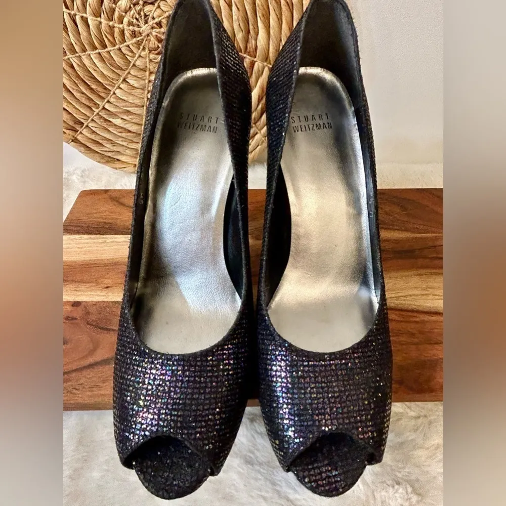 Stuart Weitzman Evabaton Perp Toe Platform Evening Pumps Iris Glitter Size 8.5 - Image 5