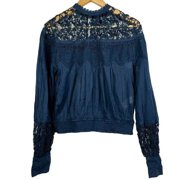 Free People Balloon Sleeve Mock‎ Neck Crochet Navy Blouse Size S NWT - Image 3