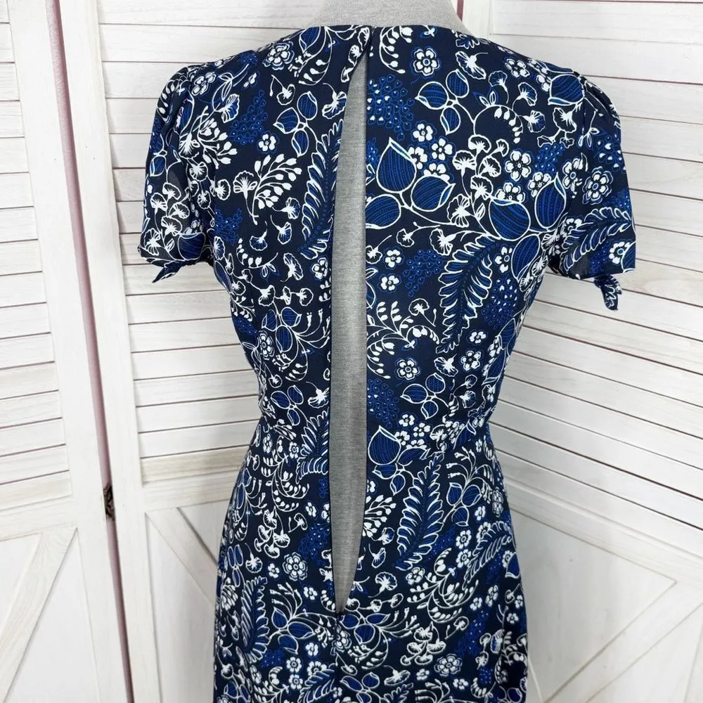 J. Crew Floral Faux Wrap Mini Skater Dress Blue Size 0 Ruffle Trim Short‎ Sleeve - Image 8
