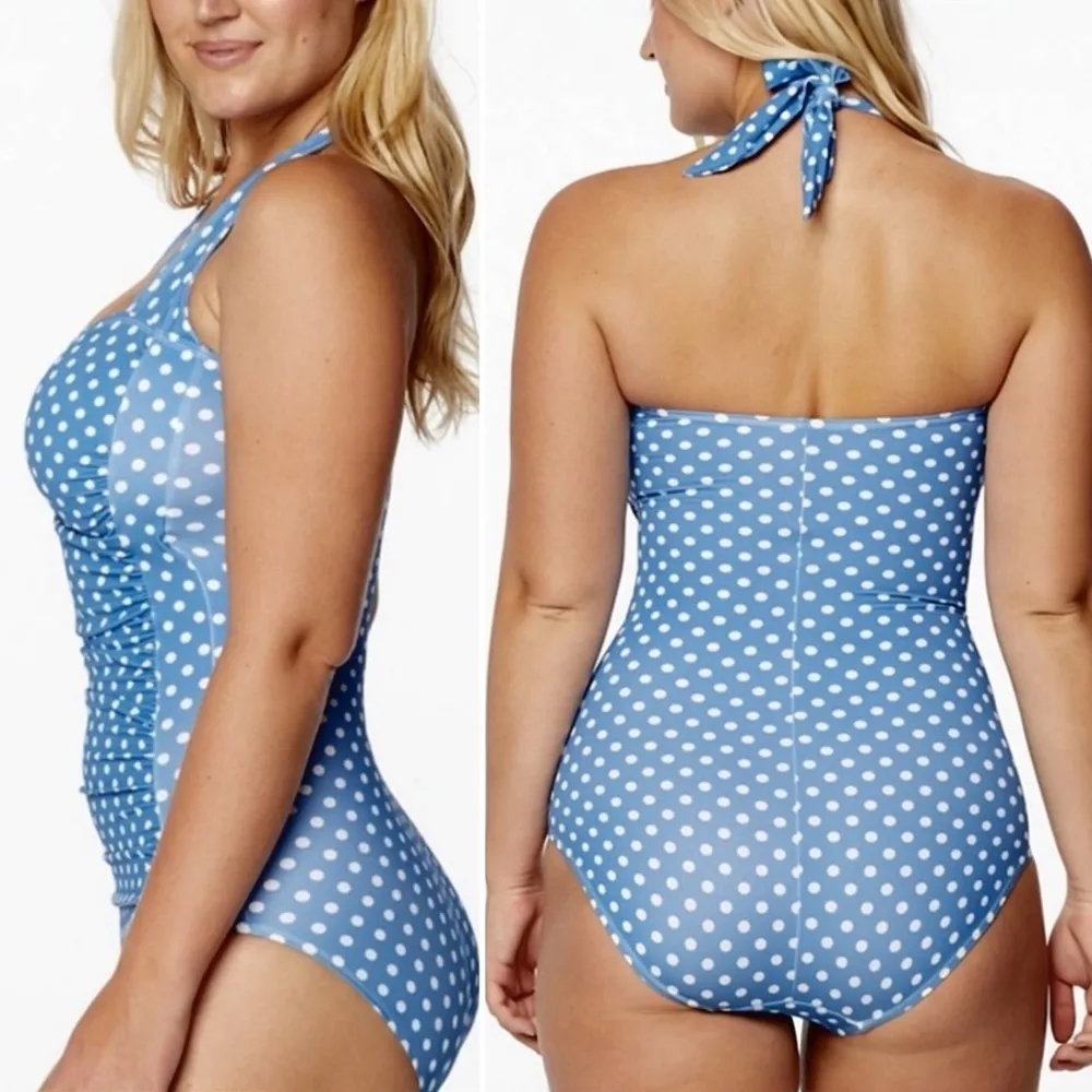 Ruby Ribbon Size 12 Blue White Polka Dot One Piece Swimsuit Halter Ruched Retro - Image 4