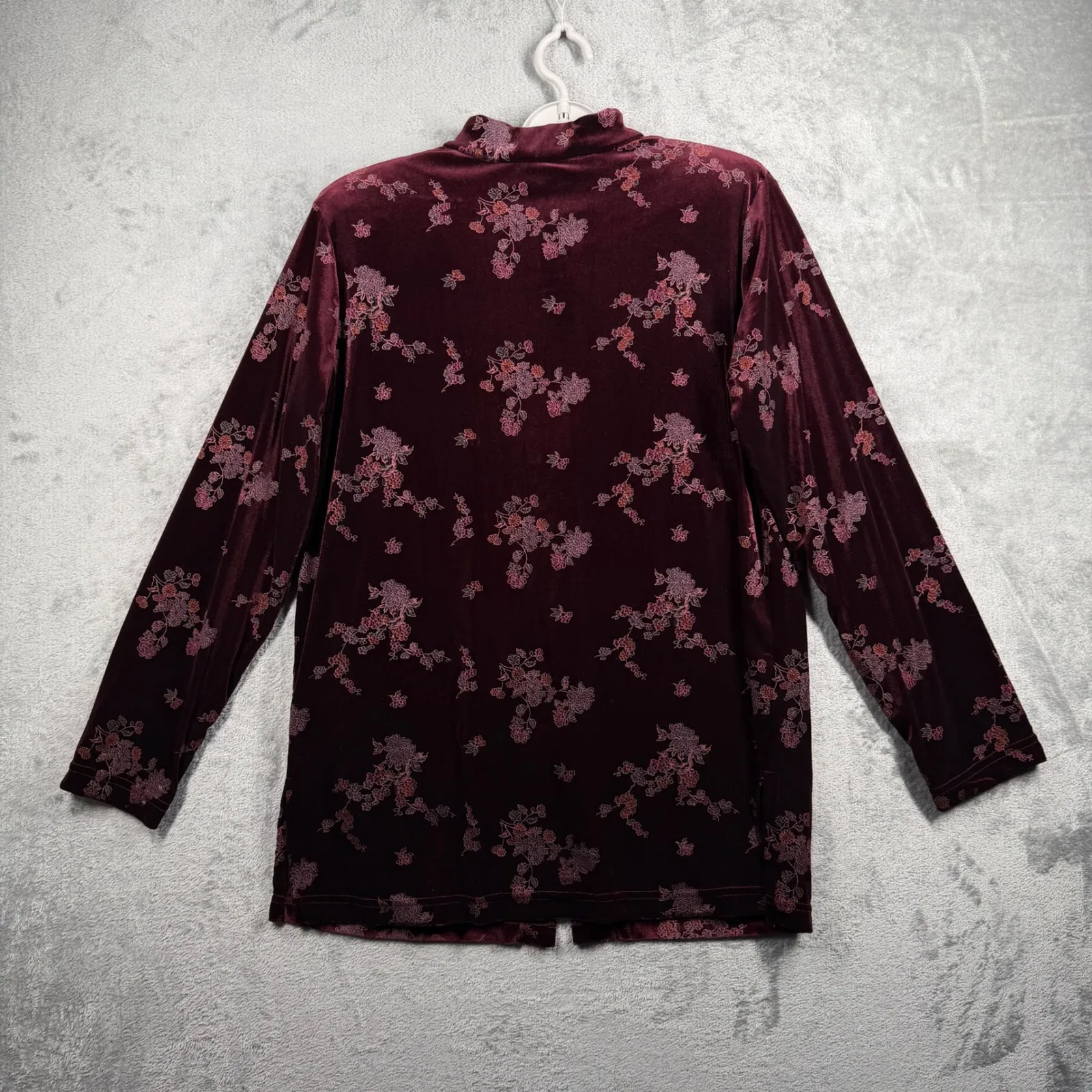 Clio Vintage 90s Velvet Frog Closure Mandarin Collar Floral Jacket Wine Red Med - Image 3