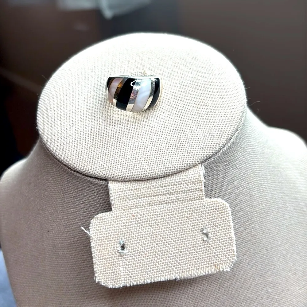 Artisan Sterling Silver 925 Mother of Pearl Onyx Inlay Ring Wide Band Boho 6.5 - Image 6