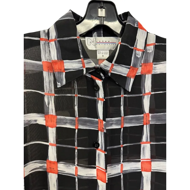 Nygård‎ Collection Vintage Semi-Sheer Blouse Size 8 Black Red Plaid - Image 5