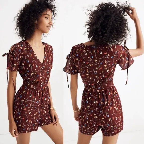 Madewell Allie Deep Plum Button Front Romper Painted Carnations Sz 0 LN - Image 2